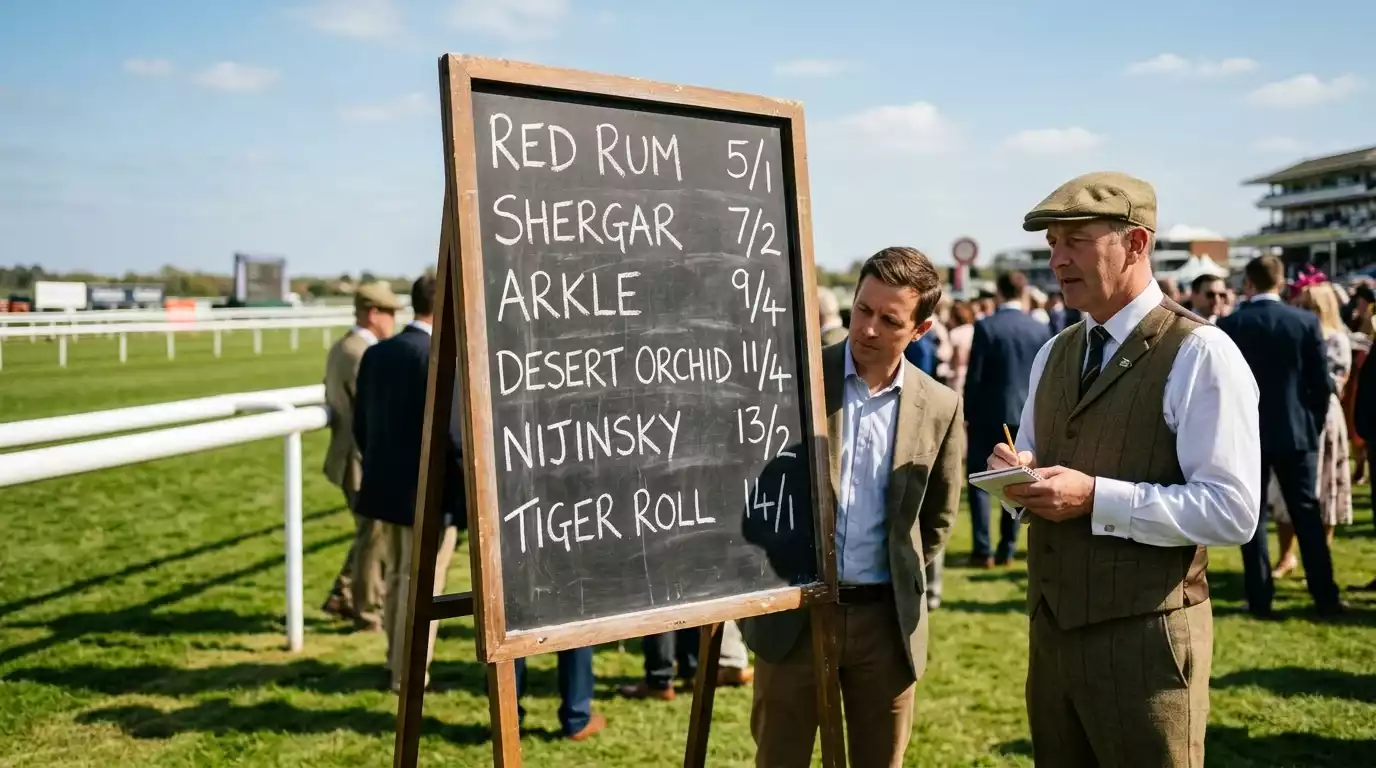 UK bookmaker odds board at a British racecourse showing fixed-odds prices and starting prices for a handicap race