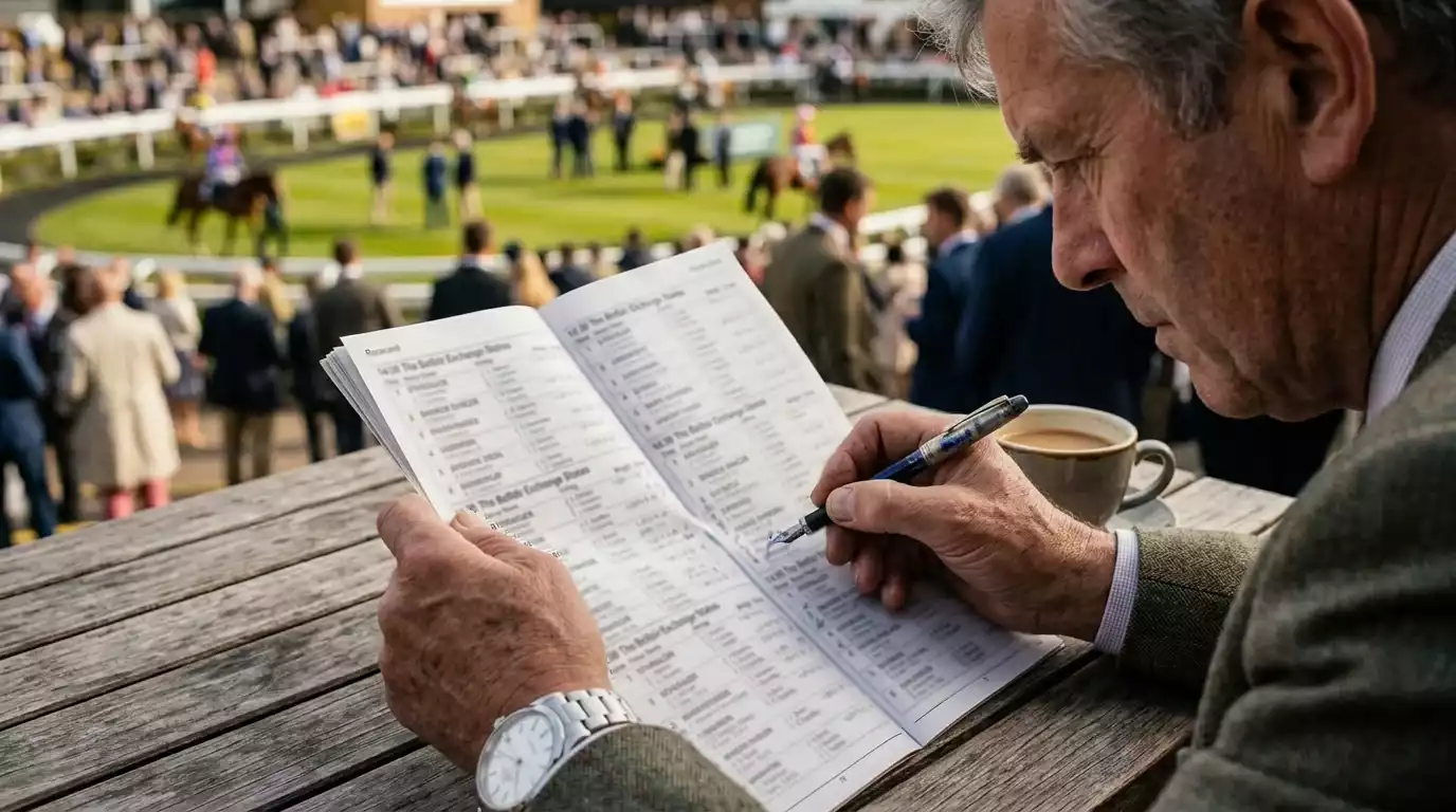 UK punter studying a printed racecard with form figures, ratings and going notes at a British racecourse
