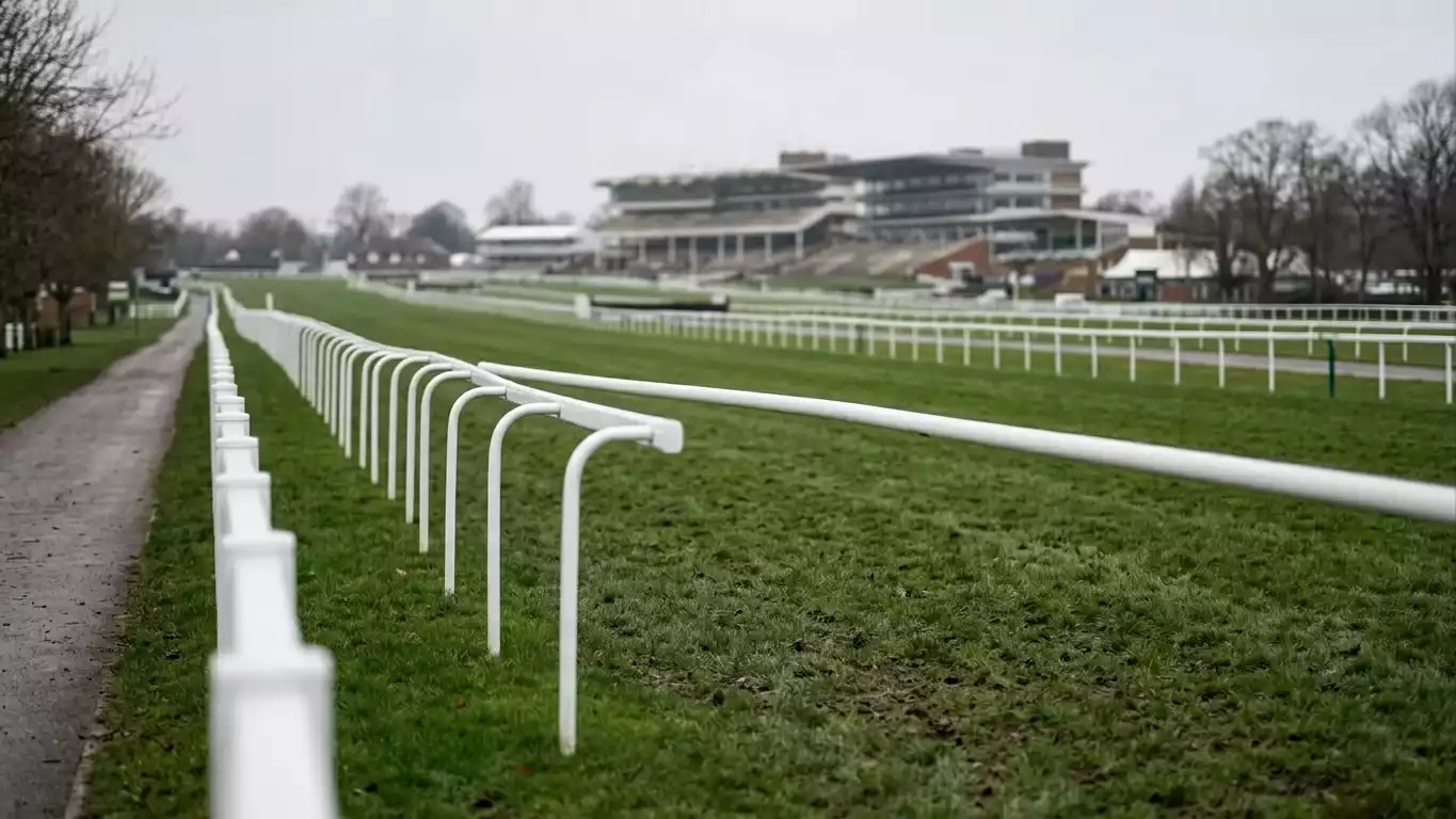 A turf racetrack at a UK racecourse with soft ground after rainfall